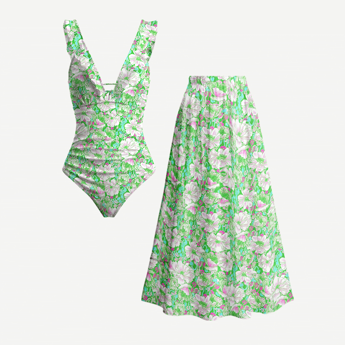 Mint Garden Ruffled V Neck One Piece Swimsuit and Matching Midi Skirt Set
